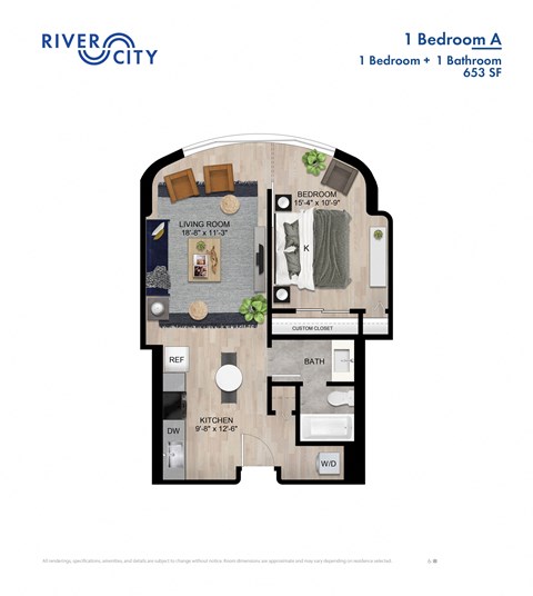 Floor plan for 1 bed, 1 bath, 653 sqft